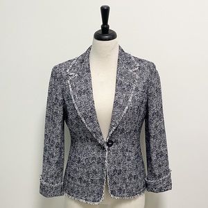 Talbots Navy Blue White Woven Fringe Trim Jacket NWOT 6 Removable Button Closure